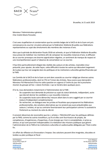 Courrier de la SACD et de la Scam concernant les émoluments versés aux artistes