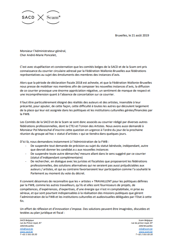 Courrier de la SACD et de la Scam concernant les émoluments versés aux artistes